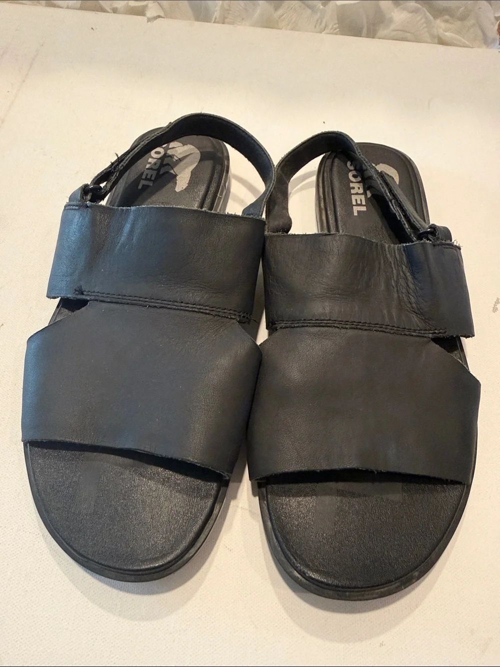 Sorel Black Leather Dual-Strap Slingback Sandals